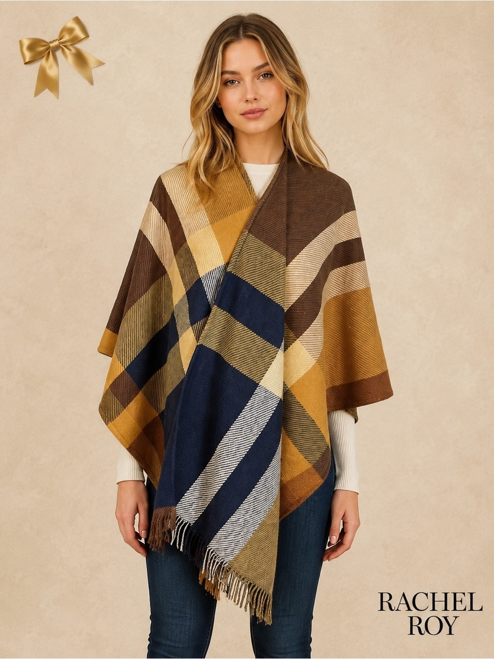 Rachel Roy Plaid Fringe Ruana Wrap One Size – Navy Camel Check
